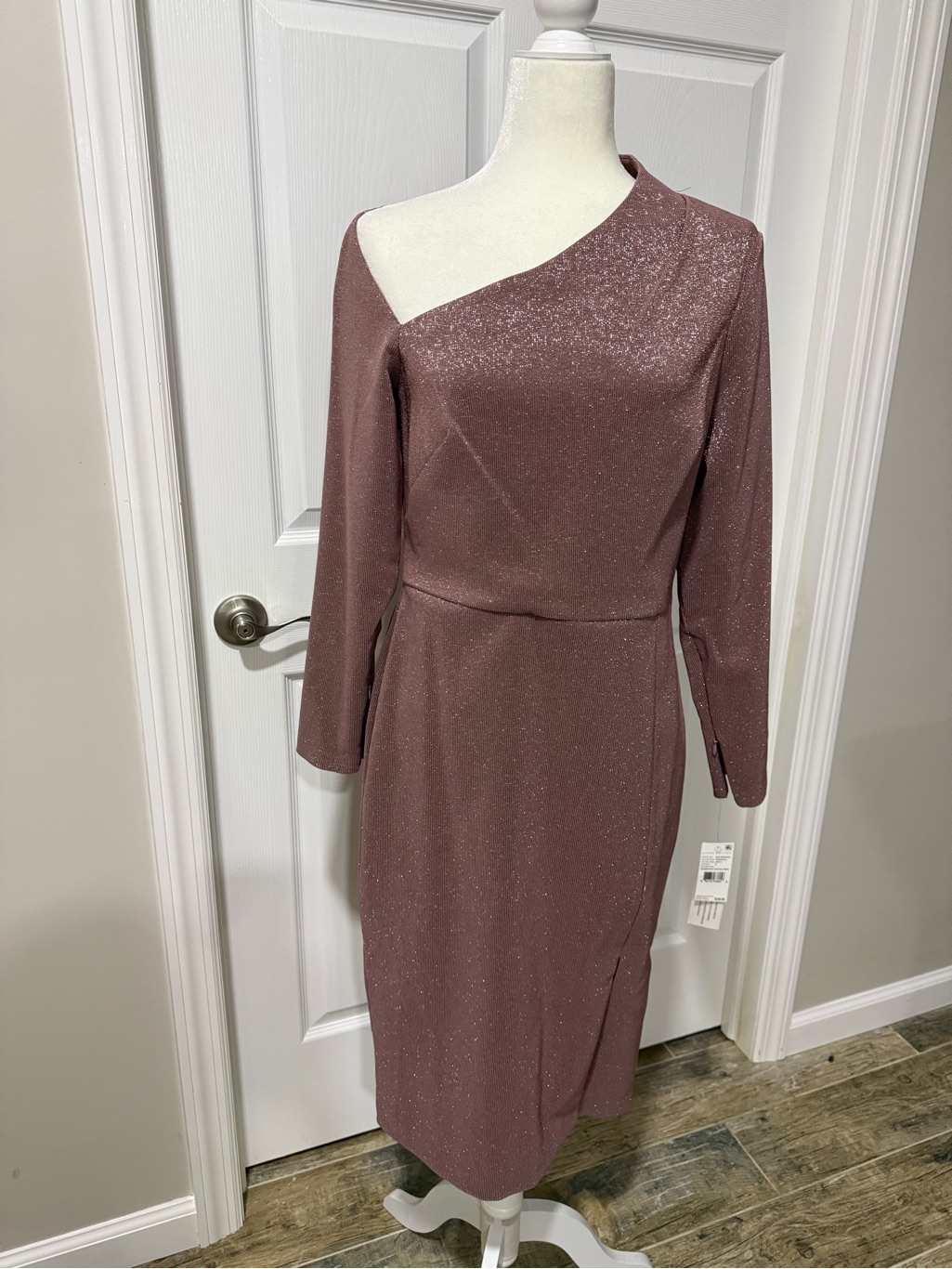 Aidan Mattox Dusty Rose One-Shoulder Sparkle Midi Dress
